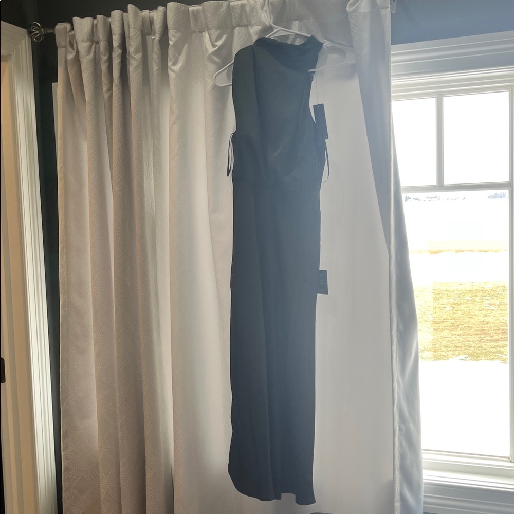 NWT NEVER WORN Lulus Distinctive Charm Olive Green Satin Asymm Dress - Size S - Picture 2 of 2